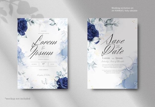 PSD elegant watercolor floral wedding stationery with navy blue flower and leaves