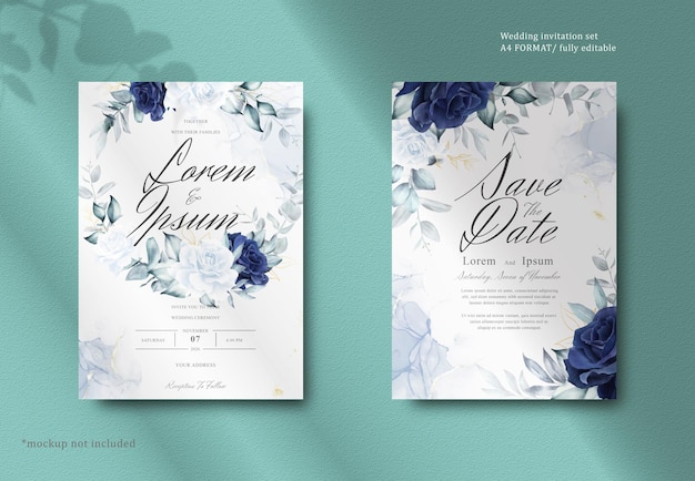 Elegant Watercolor Floral Wreath Wedding Stationery with Navy Blue Flower and Leaves