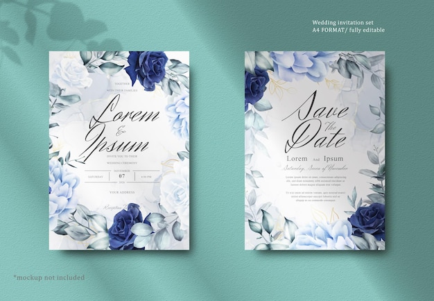 PSD elegant watercolor floral wreath wedding stationery with navy blue flower and leaves