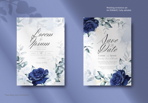 Elegant Watercolor Floral Wreath Wedding Stationery with Navy Blue Flower and Leaves