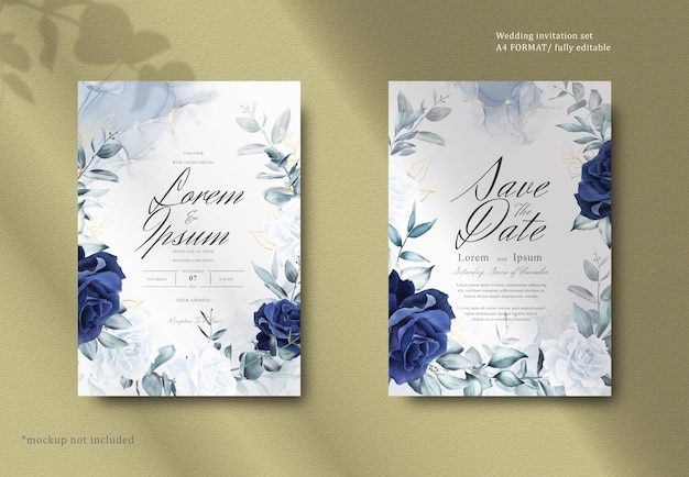 Elegant watercolor floral wreath wedding stationery with navy blue flower and leaves