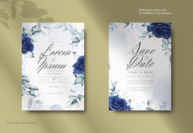 PSD elegant watercolor floral wreath wedding stationery with navy blue flower and leaves