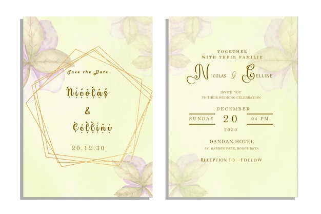 PSD elegant watercolor green wedding invitation card with greenery leaves psd premium