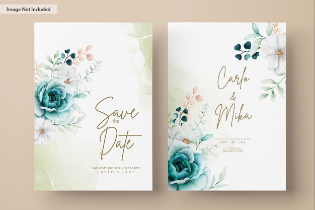 PSD elegant watercolor invitation card with tosca flower and leaves