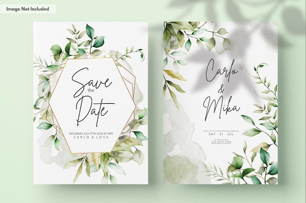 PSD elegant watercolor leaves invitation card set