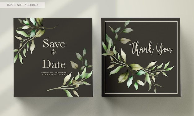 PSD elegant watercolor leaves invitation card set