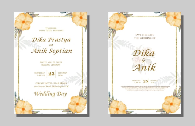 Elegant watercolor wedding bouquet invitation card with greenery leaves psd premium
