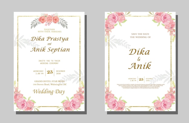 Elegant watercolor wedding invitation card with greenery leaves psd premium