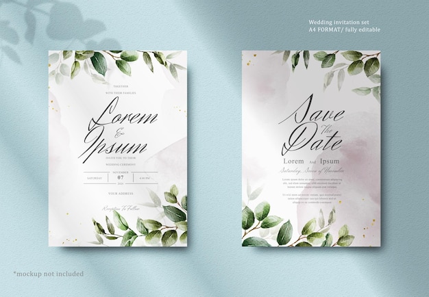 Elegant watercolor wedding invitation card with greenery leaves