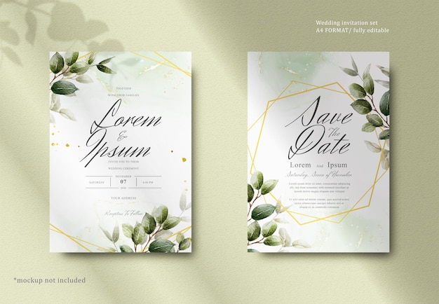 Elegant watercolor wedding invitation card with greenery leaves