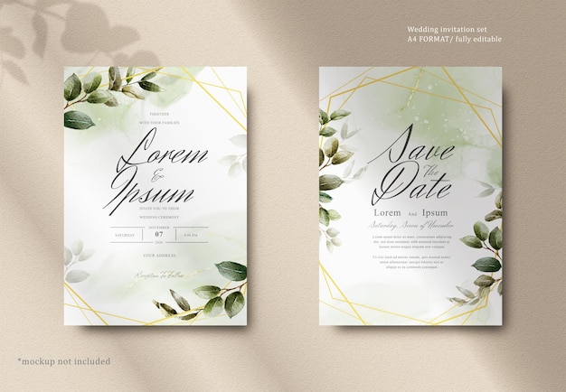 PSD elegant watercolor wedding invitation card with greenery leaves