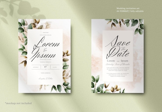 elegant watercolor wedding invitation card with greenery leaves