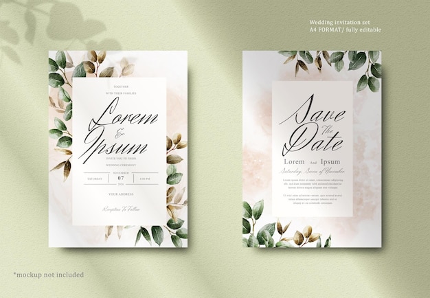 Elegant watercolor wedding invitation card with greenery leaves