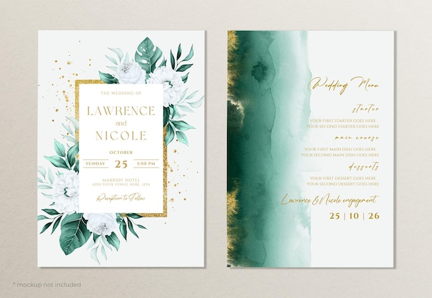 PSD elegant watercolor wedding invitation and menu template set with floral and leaves decoration