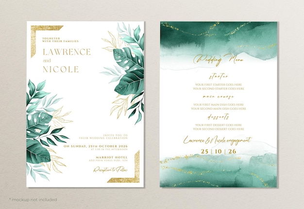 Elegant watercolor wedding invitation and menu template set with leaves decoration
