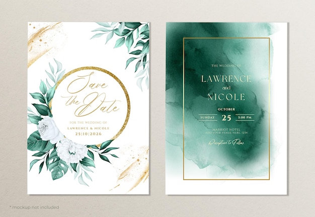 PSD elegant watercolor wedding invitation template set with floral and leaves decoration