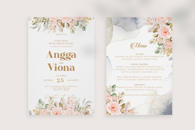 PSD elegant wedding invitation card template set with watercolor green white eucalyptus bouquet