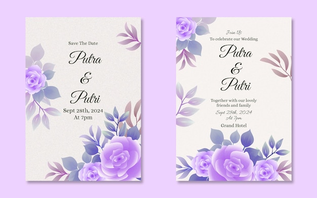 PSD elegant wedding invitation card template with purple floral ornament