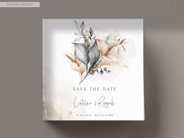 PSD elegant wedding invitation card with bohemian leaves watercolor