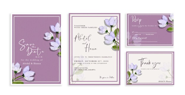 Elegant wedding invitation cards template with watercolor floral decoration psd