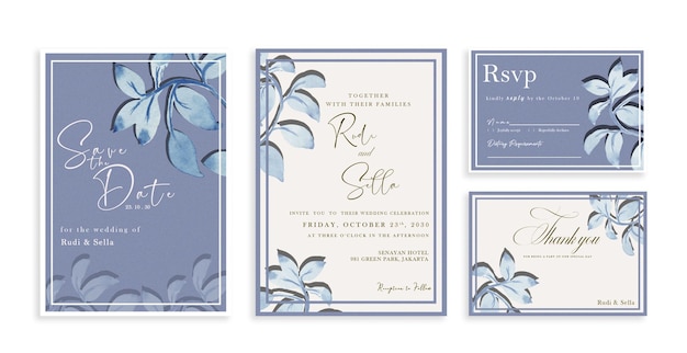 水彩花飾りpsdとエレガントな結婚式の招待カードのテンプレート