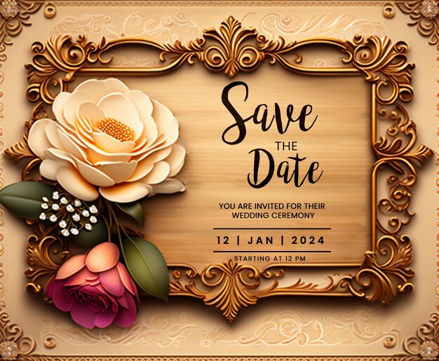 PSD elegant wedding invitation design with floral accents and vintage frameluxurious golden floral invit
