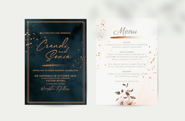 PSD elegante invito a nozze e modello di menu con belle foglie glitter oro