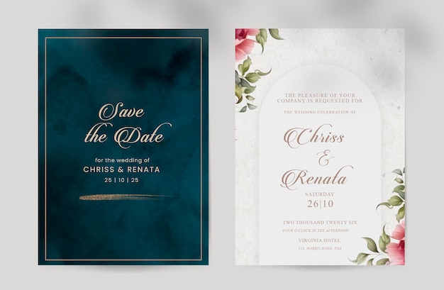 PSD elegante invito a nozze e modello di menu con belle foglie glitter oro