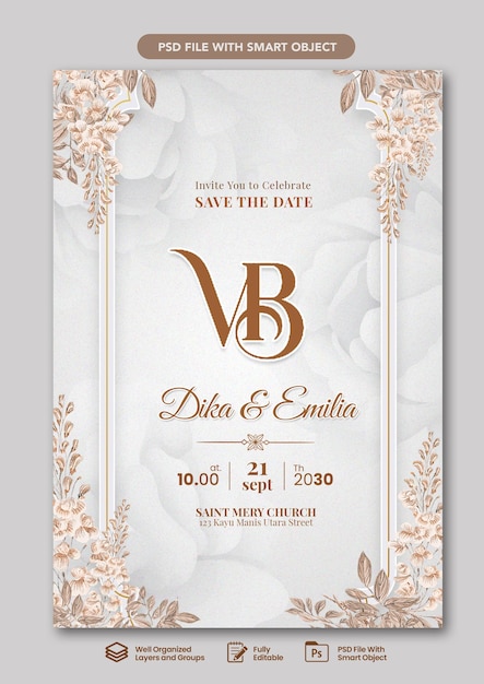 elegant wedding invitation template with flower premium psd