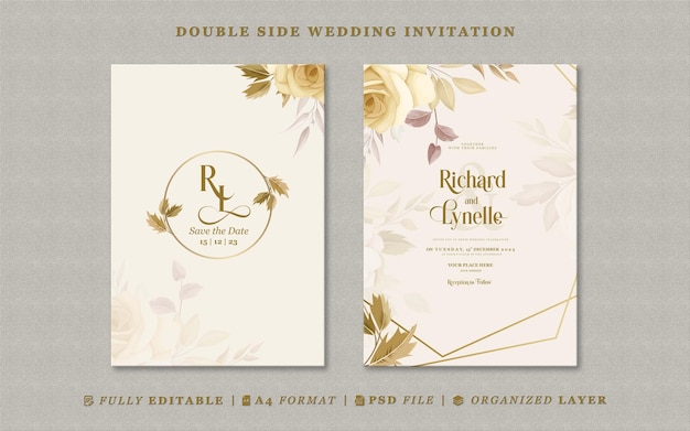 PSD elegant wedding invitation template with flowers and leaves