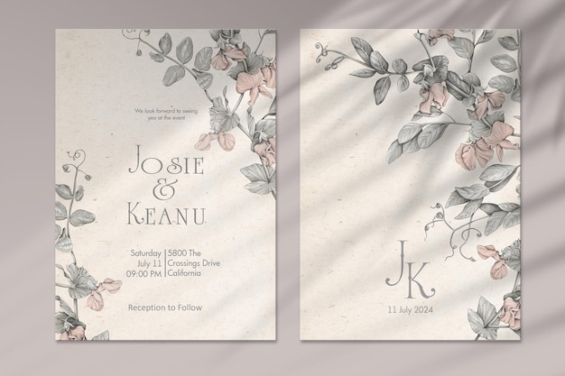 PSD elegant wedding invitation template with flowers