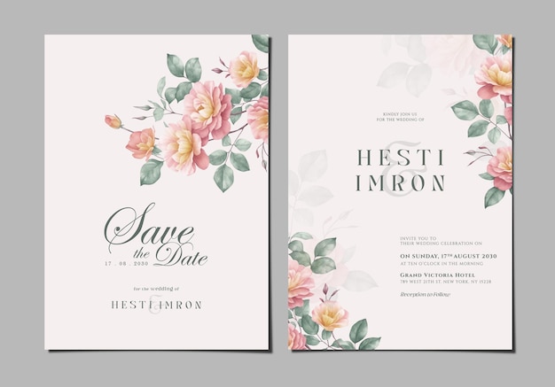 PSD elegant wedding invitation template with flowers