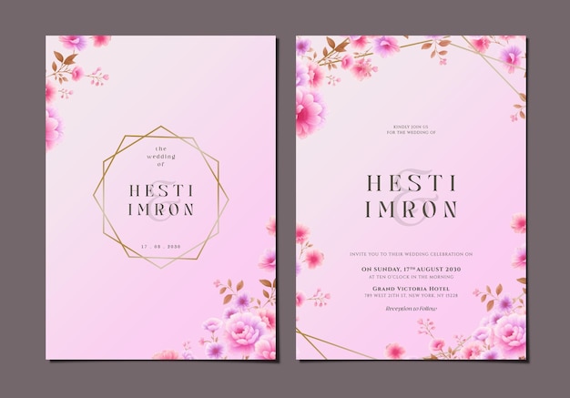 PSD elegant wedding invitation template with flowers