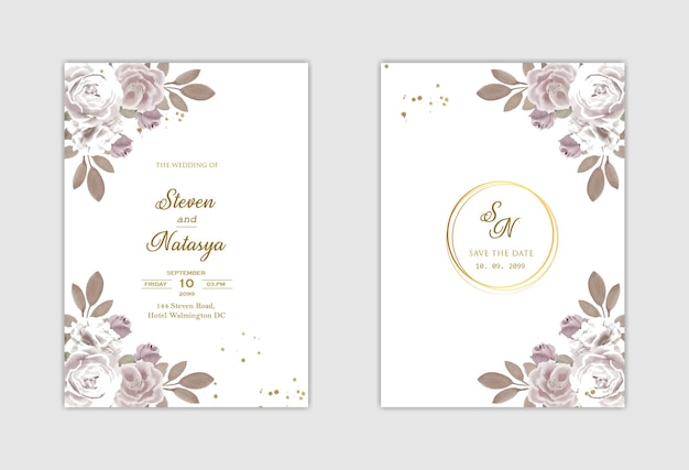 Elegant wedding invitation template with purple flower premium psd