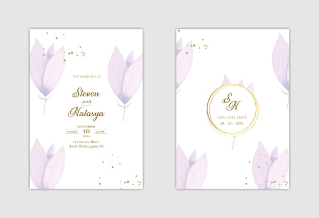 Elegante modello di invito a nozze con fiore viola psd premium