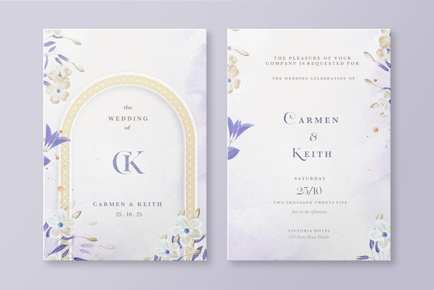 Elegant wedding invitation template with purple flower