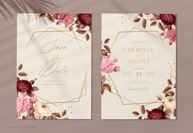 PSD elegant wedding invitation template with romantic floral