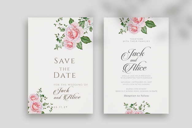 PSD elegant wedding invitation template with soft flowers