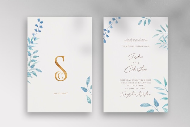 elegant wedding invitation template with watercolor blues bauty leaves