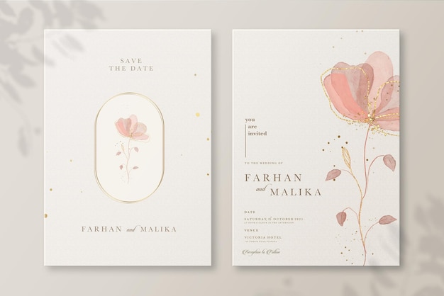 PSD elegant wedding invitation template with watercolor flower