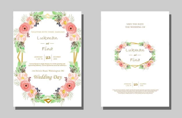 PSD elegant wedding invitation template with watercolor leaves psd