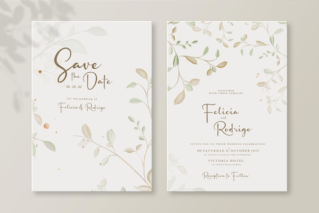 Elegant wedding invitation template with watercolor leaves