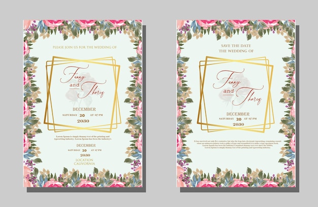 PSD elegant wedding invitation and wedding menu with green and pink leaves premium psd