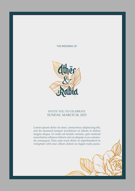 Elegant wedding invitation with green frame and golden leaves