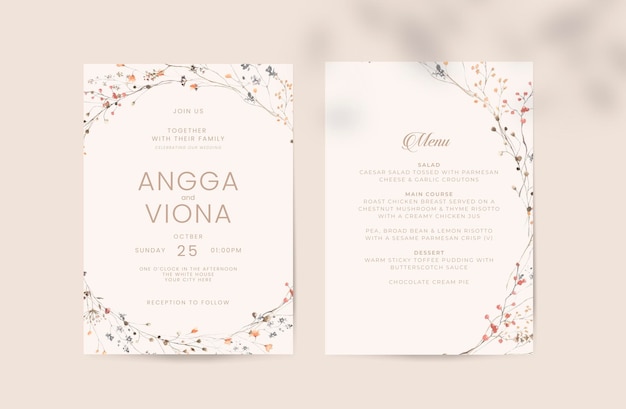 PSD elegant wedding stationery in soft colors pastel with delicate watercolor flowers