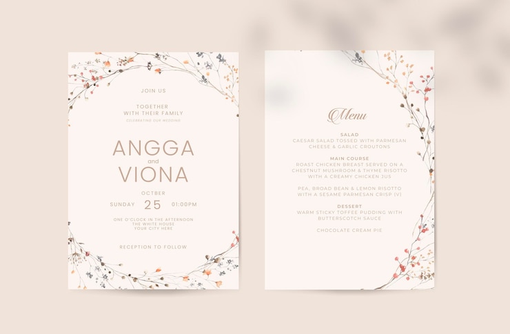 PSD elegant wedding stationery in soft colors pastel with delicate watercolor flowers