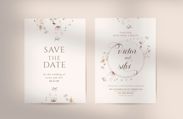 PSD elegant wedding stationery in soft colors with delicate watercolor flower