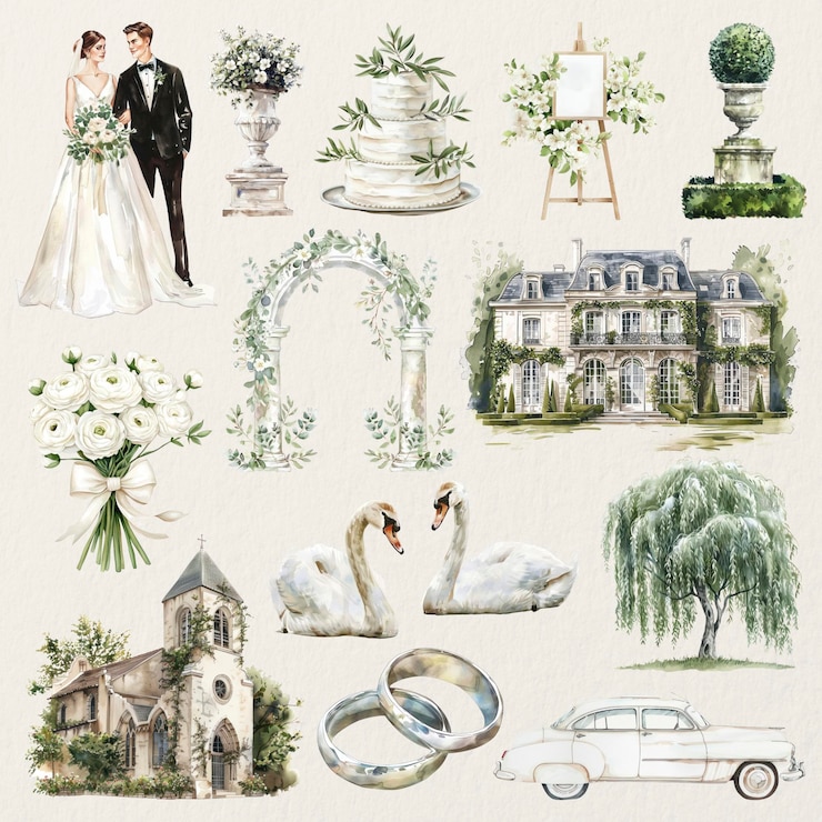 PSD elegant weddingthemed illustration collection set