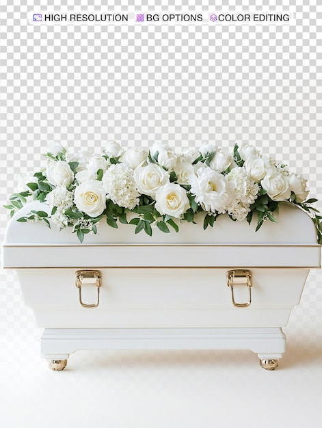 elegant white casket surrounded by flowers in serene funeral setting