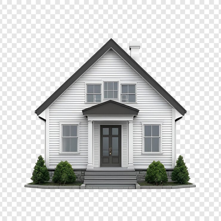 PSD elegant white house exterior landscaping balcony and grey roof isolated on tranparent